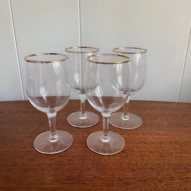 Set of 4- Vintage Wine Glasses; Gold Rim Pattern, MCM Barware 