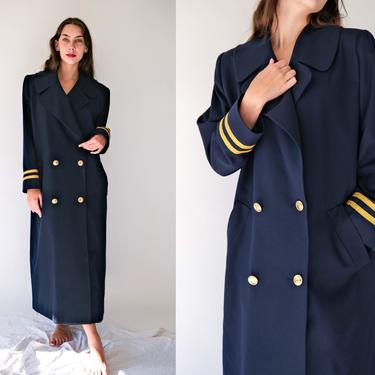 Vintage 80s Christian Dior Navy Blue Aviators Double Breasted Overcoat w/ Gold CD Logo Buttons | Made in USA | 1980s DIOR Designer Jacket 