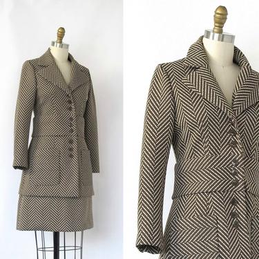 PATTERN PLAY Vintage 70s Suit | 1970s Act III Large Herringbone Double Knit | Brown and White Mod Belted Jacket and Mini Skirt | Size Small 