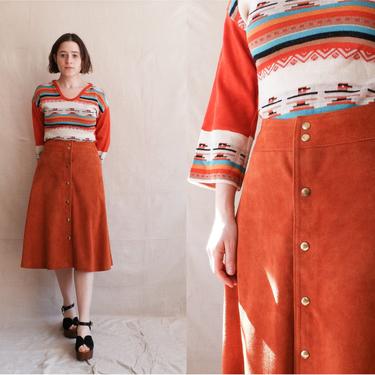 Vintage 70s Burnt Orange Suede Midi Skirt/ 1970s A Line Snap Up High Waisted Skirt/ Size 28 