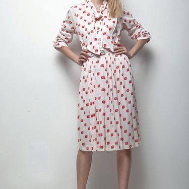 secretary dress, bow dress, ascot dress, graphic red white pleated skirt long sleeves vintage 70s LARGE L 