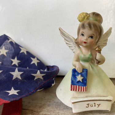 Vintage July Angel, Girl Angel Holding Torch And Red White Blue Flag, 4th Of July Decor, July Birthday Angel, USA, Kitschy 