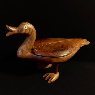Large Carved Wood Duck Bowl with Lid Wings and Legs Folk Art Trinket Jewelry Box 