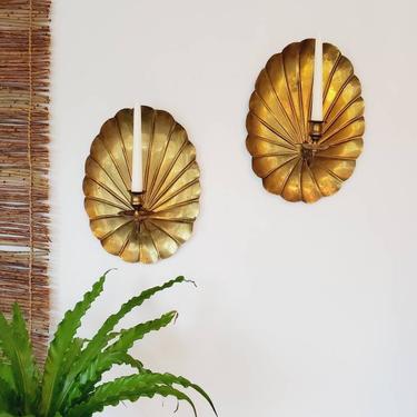 Large Vintage Brass Shell Wall Sconce Set 