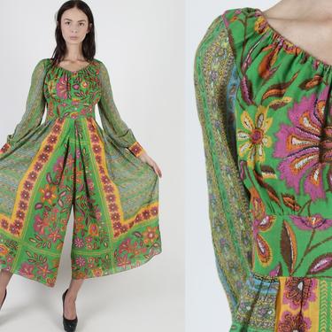 Vintage Psychedelic Jumpsuit / 60s Colorful Green Floral Jumpsuit / Wide Leg Palazzo Jumpsuit / 1960s Disco Party Bell Bottoms 