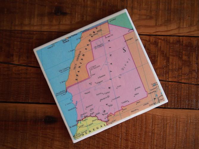 1993 Mauritania Vintage Map Coaster - Ceramic Tile - Repurposed 1990s George Philip &amp; Son Atlas - Handmade - West Africa - African Decor 