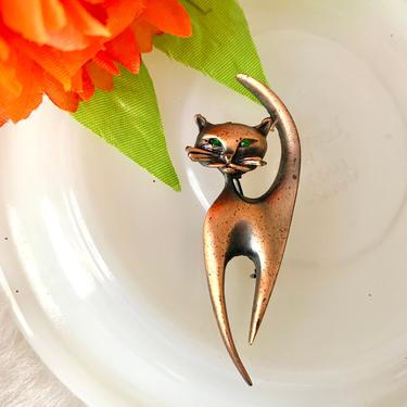 Kitty Cat Abstract Copper Pin, Minimalist, Modernist, Rhinestone Eyes, Vintage 