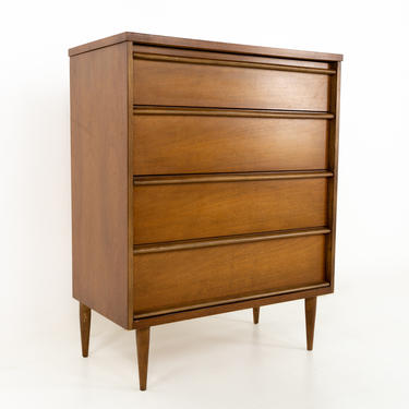 Paul McCobb Style Bassett Mid Century Walnut 4 Drawer Highboy Dresser - mcm 