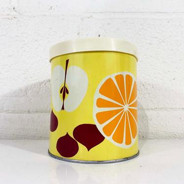 True Vintage Fruit Canister Tin Storage Lithograph Metal Basket Bucket Mid Century Retro Container Kitchen Pantry 1970s 70s 
