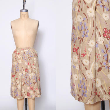 Vintage 60s linen skirt / 1960s flower and butterfly print skirt / high waisted skirt  / vintage printed linen skirt 