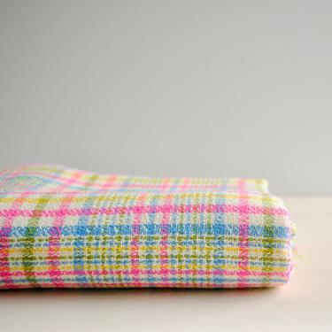 Vintage Plaid Wool Fabric, Pink, Blue, Yellow, Green and White Retro Plaid Sewing Fabric Panel 