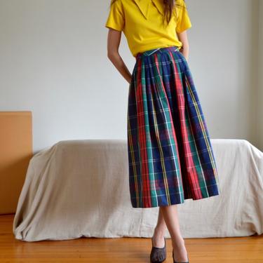 plaid cotton pleated full midi skirt / 31w 