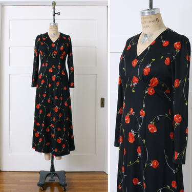 vintage 1970s rose print maxi dress • black &amp; red full length empire waist dress • romantic floral 