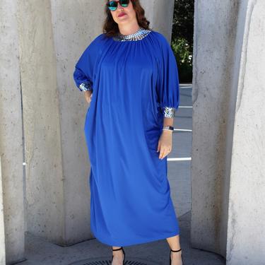 Vintage 70s 80s My Kinda Gal Caftan, One Size Women, Blue Polyester, Silver Sequin Trim, Slinky 