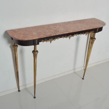 Italian Console Table With Bronze Legs and Rose Marble Top Hollywood Regency 