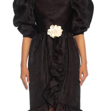 1980S Givenchy Haute Couture Silk Poof Sleeved  Ruffled Cocktail Dress With A White Flower 