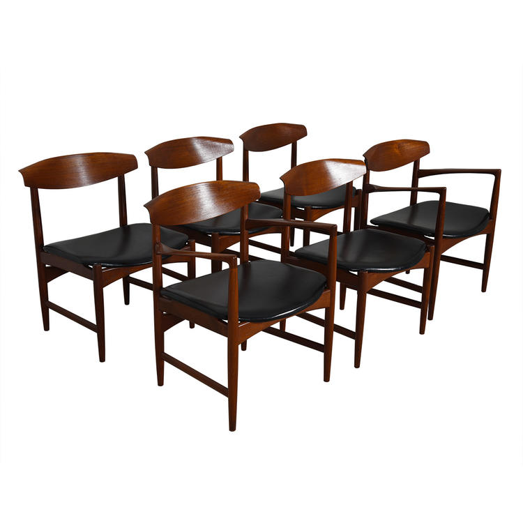 SELIG Set of 6 (2 Arm + 4 Side) Danish Teak Sculpted Back Dining Chairs