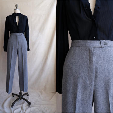 Vintage 70s Grey Trousers/ 1970s High Waisted Gray Wool Wide Leg Pants/ Size 28 