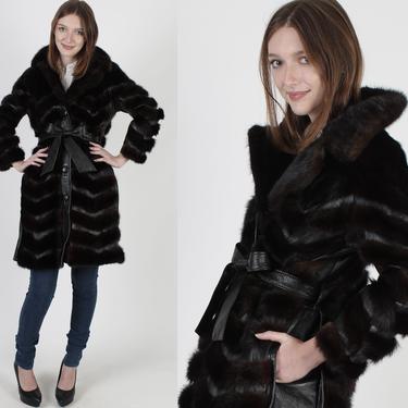 Vintage 70s Mahogany Chevron Mink Fur Jacket Black Leather Mod Spy Disco Trench Coat 