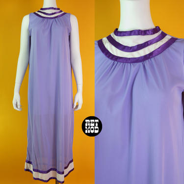 Funky Vintage 60s 70s Purple Stripe Long Nylon Nightgown 