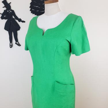 Vintage 1990's Day Dress / 90s Green Pencil Dress 