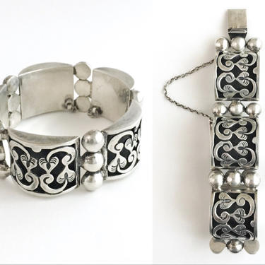 1960s Mexican Silver Taxco TPN Showdowbox Linked Cuff Bracelet 