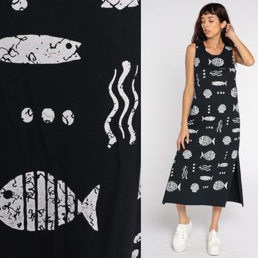 90s Sundress Tropical Fish Print Dress Cozumel Mexico Black Beach Dress Midi Sun Dress 1990s Vintage Shift Sleeveless Small Medium 