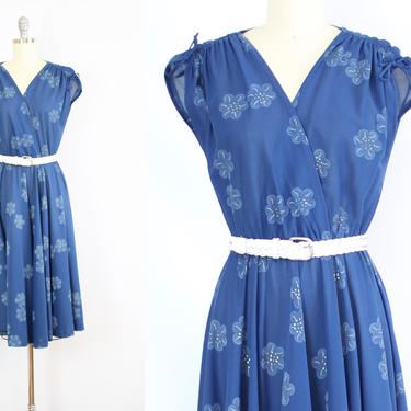 Vintage 70's Blue Floral Semi Sheer Summer Dress / 1970's Cap Sleeve Dress / Glitter Flowers / Women's Size Small by Ru