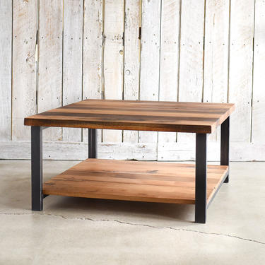 Square Coffee Table With Lower Shelf / Industrial Reclaimed Oak and Steel Coffee Table 