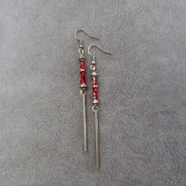 Long industrial earrings, unique bronze mid century modern earrings, boho bohemian artisan earring, ornate contemporary earrings, red 