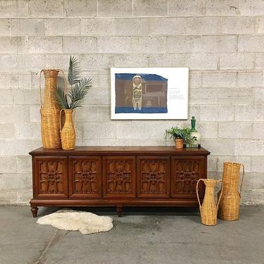LOCAL PICKUP ONLY Vintage Credenza Retro 1970's Dark Brown Wood Console with Carved Details Drawers and Shelving Dining Buffet or Tv Stand 