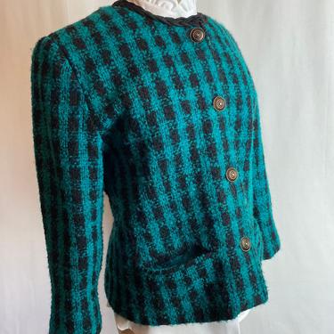Bagatelle jacket Margaret Godfrey large houndstooth print wool blazer Green & black checker plaid pattern 90’s emerald green size LG 40” 