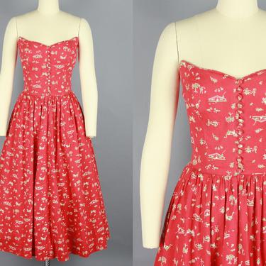 1950s LANZ ORIGINAL Strapless Dress | Vintage 50s Red Cotton Dress with Novelty Farm Print | medium 