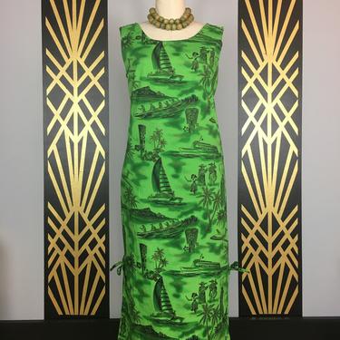 1960s sheath dress, novelty print, hawaiian dress, vintage tiki dress, green cotton, island style, rockabilly, medium, boats, planes, resort 