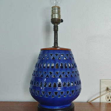 Vintage Royal Blue Ceramic Table Lamp With Cut Out Design 