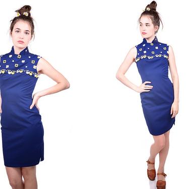1960s Navy Mod Dress Small Mini Floral Print Mandarine Collar Chinese Style Women's Mini Blue Yellow and White Royal Blue Perfect Contiion 