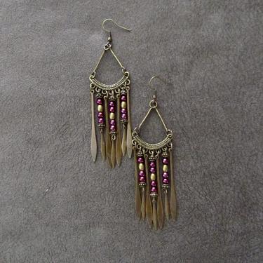 Chandelier earrings, purple pearl earrings, boho tribal earrings, gypsy statement earrings, unique bohemian earrings, antique bronze 48 