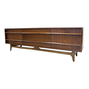 Mid-Century Modern Concave Front Low Walnut Credenza by Young Mfg. Co. 
