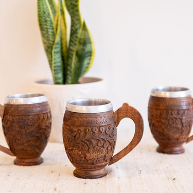 Beautiful Vintage Mid-Century Mug Set with Wooden Detailing - Made in India (3 Available and Sold Separately) 