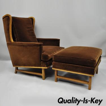 Mid Century Brown Mohair Edward Wormley Style Wingback Lounge Chair & Ottoman