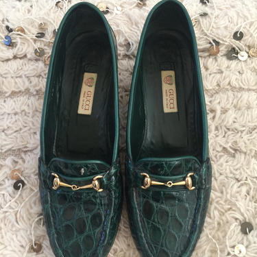 Vintage 70's GUCCI Green CROCODILE Leather Horsebit Loafers Slip On Heels Shoes eu 37.5 us 7 - 7.5 