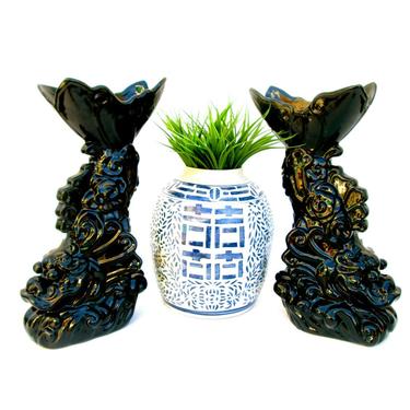 15” Chinoiserie Foo Dog Dragon Koi Fish Figural Vases - A pair | Vintage Modern Statement Decor | Dragon Carp Garden Statues / Planters 