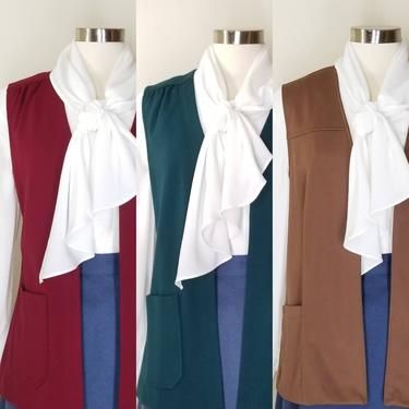 Vintage 70s Long Line Vest, Small / Open Front Smock Vest Red Green Brown / Retro Dress Blouse Vest with Pockets / Sleeveless Chore Jacket 