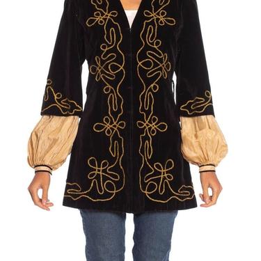 1900S Antique Black Cotton Velvet Medieval Theatrical Costume Jacket With Gold Braid Details 