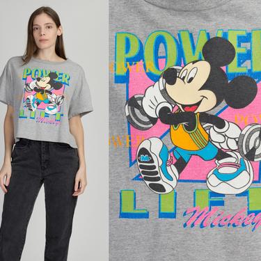 90s Mickey Mouse Power Lift Crop Tee - One Size | Vintage Disney Cartoon Cropped Graphic T Shirt 