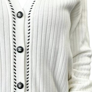 Chanel White Ribbed Logo Cardigan