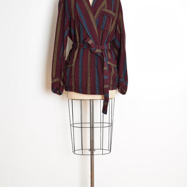 vintage 70s jacket wool burgundy striped wrap smoking blazer coat top XL clothing 