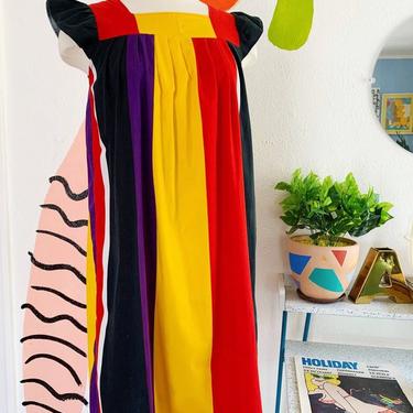 1980s Colorful Vertical Striped Cotton Kaftan Sundress with Pocket - Handmade - size XS (available 1.3.22) 