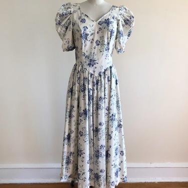 Laura Ashley - White and Purple/Blue Floral Print Cotton Midi Dress - 1980s 
