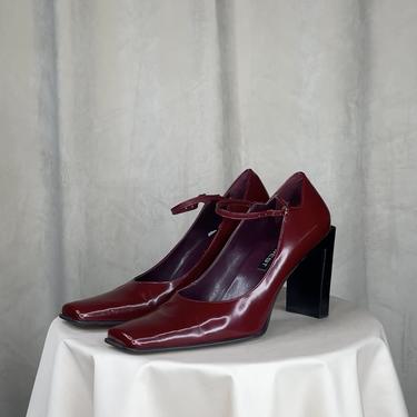 Vintage Deep Red Square Toe Heels With Ankle Strap